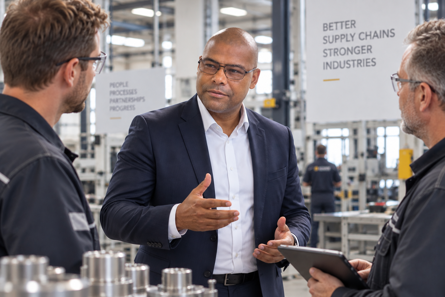 Emmanuel Odarteifio im Gespräch mit zwei Mitarbeitenden in einer Produktionshalle.